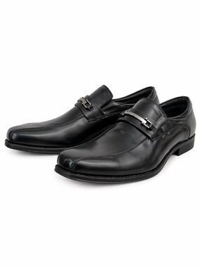 Dexter Black Leather-Look Slip-On Loafers with Silver Buckle – Size 10 EUC